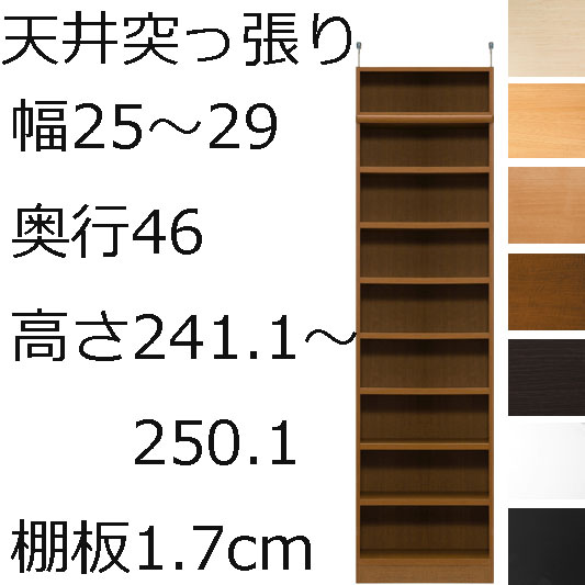 本棚・書棚・壁面収納　天井 突っ張り オーダーメイド　幅25～29　奥行き46（ラージ）　高さ241.1～250.1ｃｍ(棚板1.7cm厚標準）