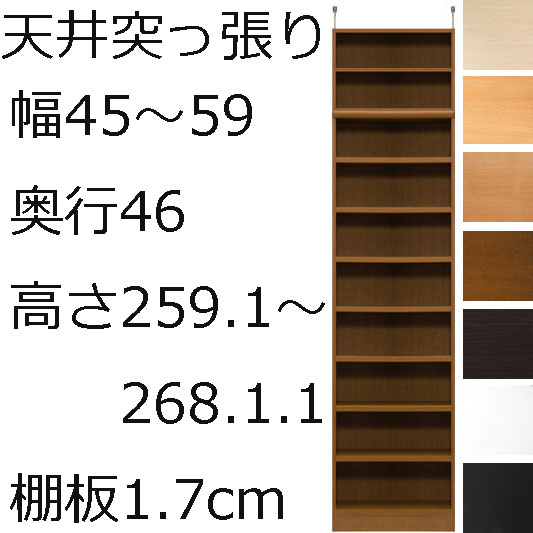本棚・書棚・壁面収納　天井 突っ張り オーダーメイド　幅45～59　奥行き46（ラージ）　高さ259.1～268.1ｃｍ(棚板1.7cm厚標準）｜組み立て家具のファーストルームズ