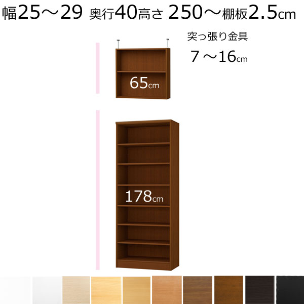 本棚 書棚 壁面収納 天井 突っ張り オーダーメイド 幅25〜29 奥行き40 ミディアム 高さ250〜259ｃｍ 棚板2.5cm厚タフ  【当店限定販売】