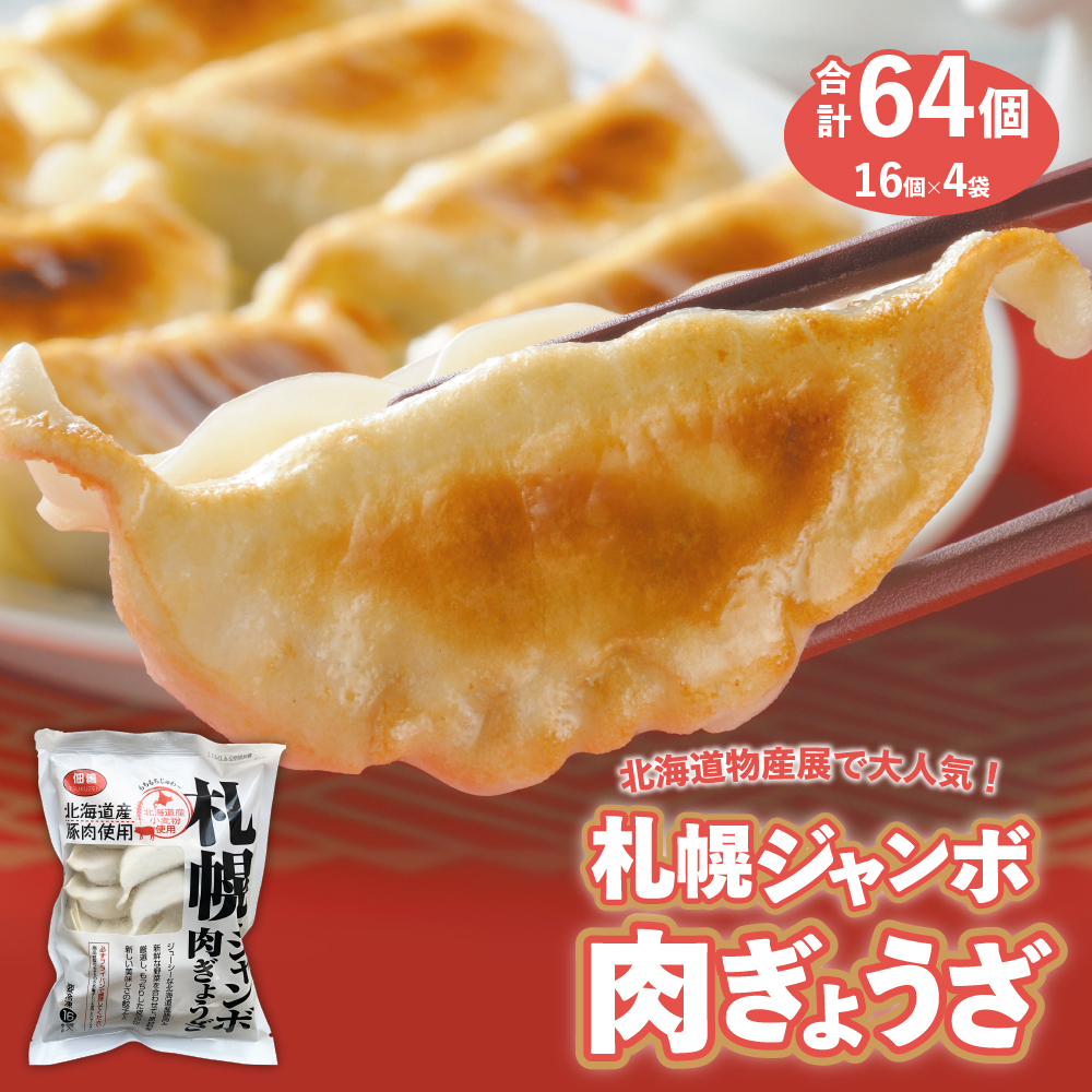 【ふるさと納税】 ★物産展で人気★  計64個 札幌 ジャンボ 肉ぎょうざ 簡単 お手軽 絶品 16個入り 4袋 セット おかず 晩ごはん 弁当 惣菜 晩酌 お取り寄せ 冷凍 佃善 北海道 札幌市