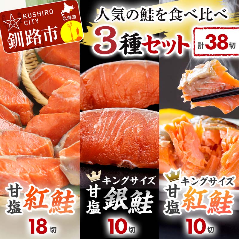 【ふるさと納税】 人気の鮭を食べ比べ 紅鮭&times;2種 銀鮭&times;1種 計38切れ 3種 しゃけ シャケ さけ サケ F4F-8085｜北海道釧路市 28,925円