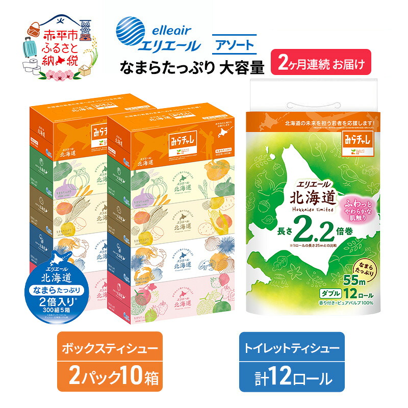 【ふるさと納税】定期便 2ヵ月連続お届け エリエール 収納に便利 コンパクト 〈アソート〉 なまらたっぷり 大容量 トイレットペーパー ティッシュ トイレ ボックスティッシュ ひとり暮らし 紙 常備品 消耗品 日用品 生活必需品　お届け：入金翌月中旬以降出荷