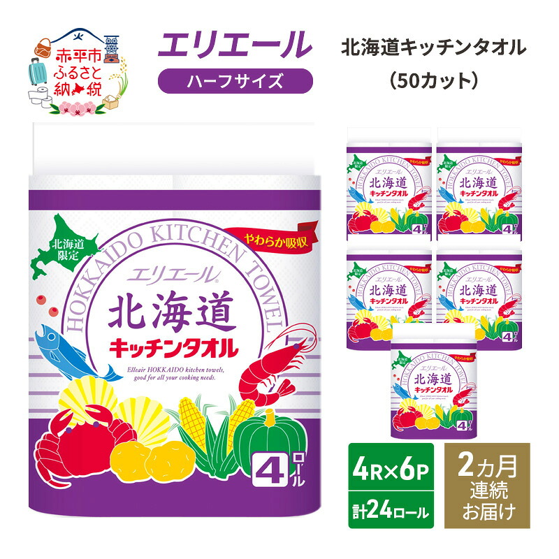【ふるさと納税】定期便 2ヵ月連続お届け エリエール ハーフサイズ 収納に便利 コンパクト 少量6パック 北海道 キッチンタオル 50カット 4R 6パック 計24ロール キッチンペーパー 防災 常備品 備蓄品 消耗品 日用品　お届け：入金翌月中旬以降出荷