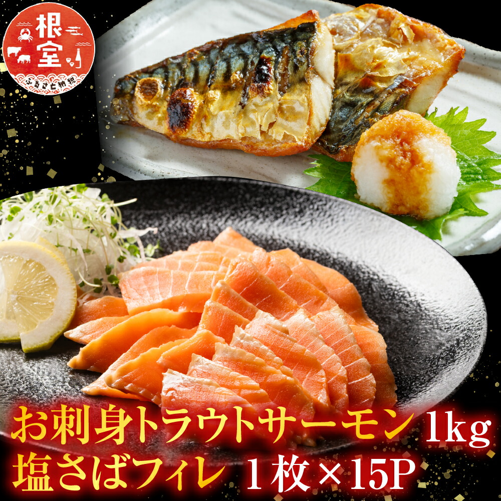 【ふるさと納税】 お刺身トラウトサーモン 1kg、塩さばフィレ 1 枚 × 15P お取り寄せ 北海道 根室市 ふるさと納税 B-09054
