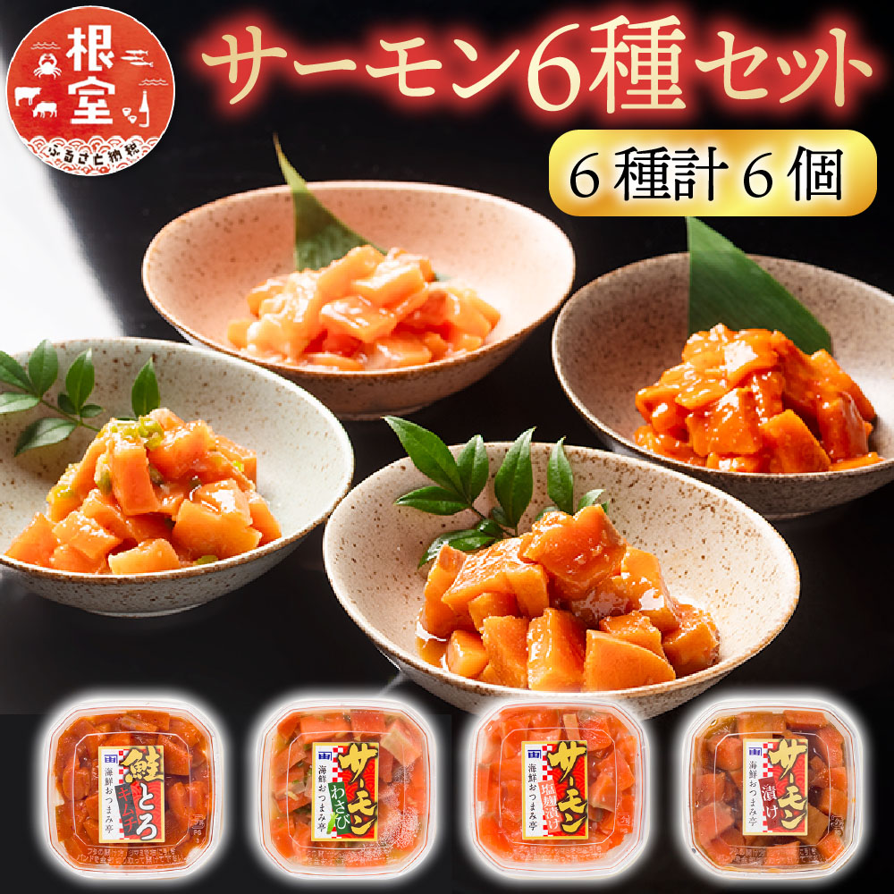 【ふるさと納税】 おつまみ刺身サーモン 6 種セット ( 6 種計 6 個 ) 鮭 さけ サケ しゃけ シャケ 魚 さかな サカナ 刺身 バジル 塩 ごま トロ キムチ わさび 塩麹 醤油 漬け ご飯のおかず おつまみ サーモントラウト 海鮮 北海道 A-09152｜北海道根室市