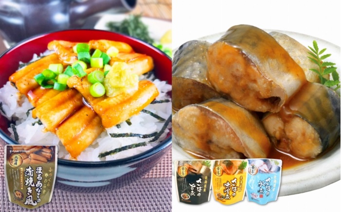 【ふるさと納税】 まるあなご蒲焼き風＆さば煮付けセット 加工品 常温保存 長期保存 さかな 魚 サカナ グルメ 海鮮 おかず ご飯のお供 蒲焼き かばやき 蒲焼 ひつまぶし タレ サバ 鯖 旨煮 味噌煮 水煮 北海道 B-09078｜北海道根室市