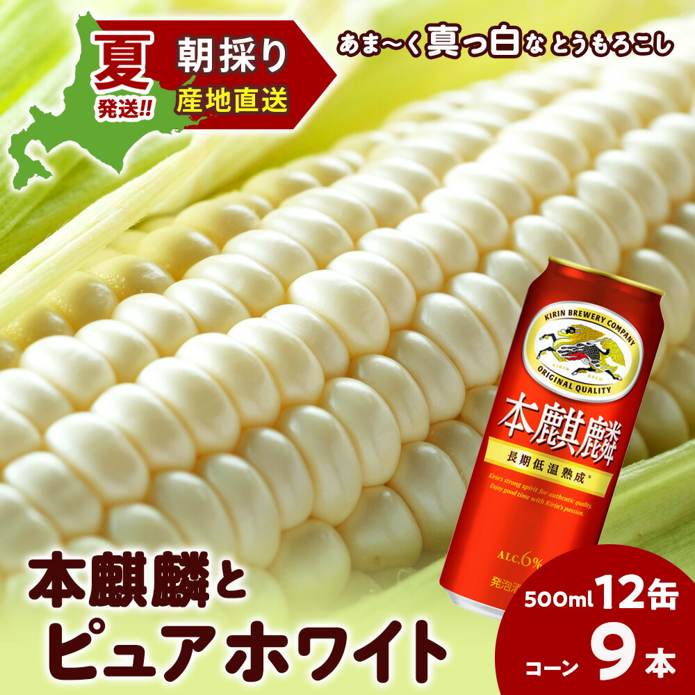 【ふるさと納税】2025年夏発送 キリン本麒麟500ｍl 12缶＆白いとうもろこしピュアホワイト9本 北海道千歳産 野菜 とうもろこし とうきび キリンビール 麒麟ビール ビール 【北海道千歳市】<br>ギフト ふるさと納税 KIRIN