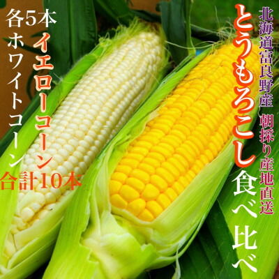 【ふるさと納税】食べ比べホワイトコーンとイエローコーン朝採り当日発送富良野産よくばりセット合計10本_ とうもろこし コーン トウモロコシ セット 食べ比べ 野菜 スイートコーン 朝採れ 人気 産地直送 甘い 送料無料 【配送不可地域：離島】【1405477】