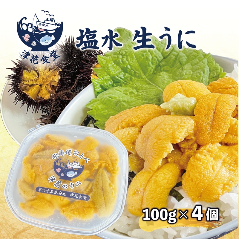 【ふるさと納税】漁師の手作り本物の味！生塩水ウニ ミョウバン不使用 《津花食堂 塩水ウニ：100g&times;4パック》 ＜ 北海道 北海道産 ウニ うに 雲丹 塩水ウニ ミョウバン不使用 生ウニ うに丼 海鮮丼 寿司 ＞｜北海道乙部町