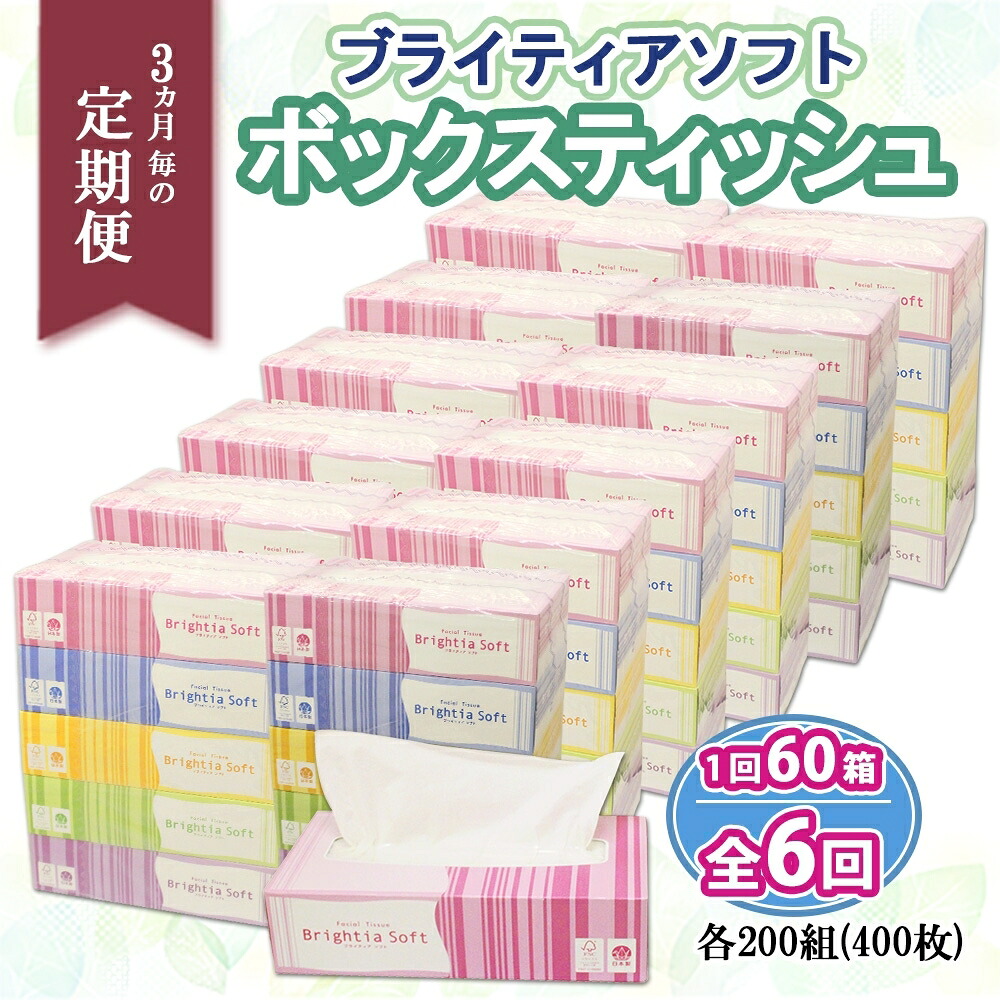 【ふるさと納税】 定期便 3ヶ月毎 全6回 ブライティア ソフト ボックスティッシュ 200組 400枚 60箱 日本製 ティッシュ まとめ買い 日用雑貨 消耗品 生活必需品 備蓄 リサイクル 再生紙 エコ ティッシュ ペーパー BOX 紙 ペーパー 雑貨 日用品 送料無料 北海道 倶知安町｜北海道倶知安町
