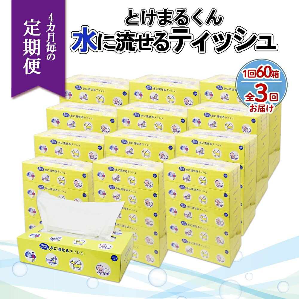 【ふるさと納税】北海道 定期便 4ヵ月毎 全3回 とけまるくん 水に流せる ティッシュ 150組 計60箱 ティッシュペーパー ボックス リサイクル 日本製 防災 常備品 日用品 消耗品 備蓄 育児 福祉 ペット キャンプ 送料無料 倶知安町 　お届け：4ヶ月毎全3回