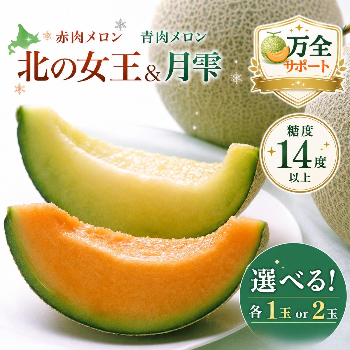 【ふるさと納税】【2026年夏発送】北海道 赤肉メロン 北の女王 青肉メロン 月雫 秀品 約1.6kg 各1玉 令和8年 メロン 果物 フルーツ 旬 希少 甘い 豊潤 国産 産地直送 ギフト お祝い 贈答品 贈り物 お中元 お取り寄せ 送料無料 　お届け：7月初旬～8月中旬頃