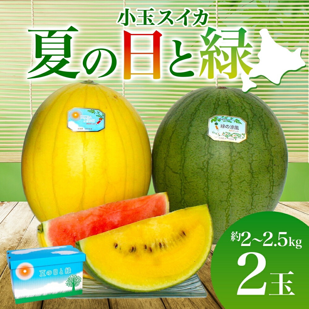 【ふるさと納税】北海道 小玉 スイカ 2種 セット 夏の日と緑 2～2.5kg 2玉 赤色 黄色 すいか 果物 フルーツ 旬 西瓜 甘い プレゼント ギフト 自家用 お中元 お取り寄せ 国産 ご褒美 産地直送 送料無料 エーコープつきがた　お届け：2025年7月10日～8月5日