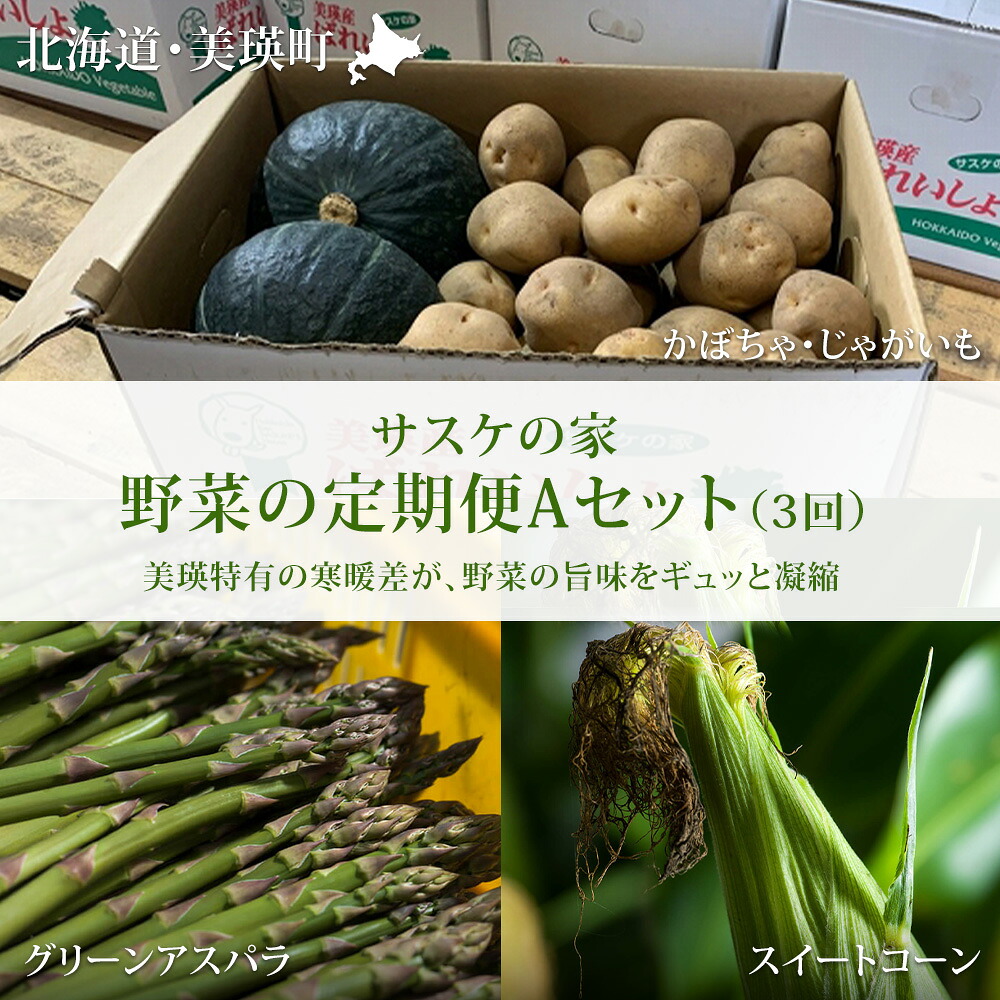 【ふるさと納税】 野菜 定期便 Aセット 3ヶ月 ≪令和８年産予約受付！≫ 送料無料 セット 詰め合わせ アスパラ アスパラガス とうもろこし とうきび スイートコーン 3回 秋野菜 北海道 北海道美瑛 美瑛町 美瑛産野菜 北海道産野菜 野菜の定期便 サスケの家[033-22]
