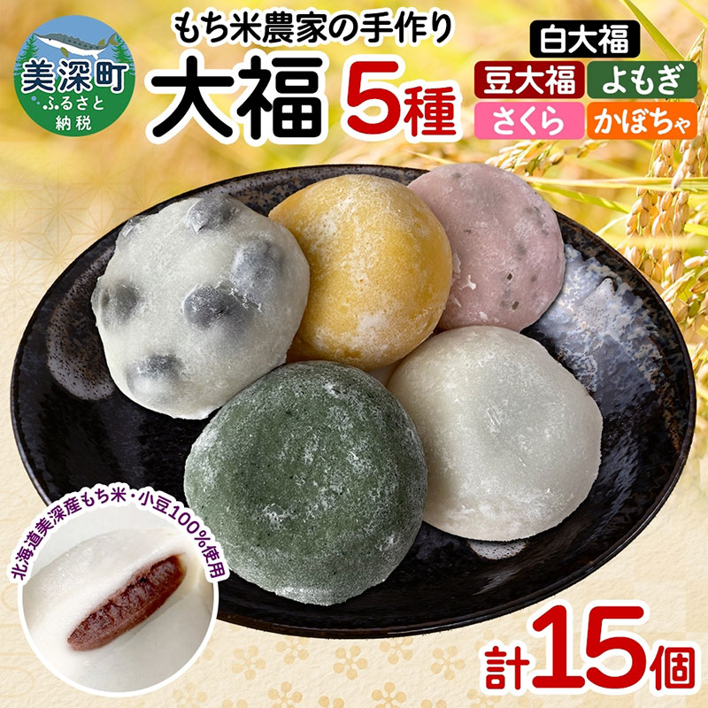 【ふるさと納税】もち米農家の大福 5種 計15個 セット もち米 米 お米 大福 和菓子 お菓子 デザート モチモチ もちもち おやつ 国産もち米 国産 日本産 つきたて 冷凍 本格的 お取り寄せ ご当地 送料無料 北海道 美深町
