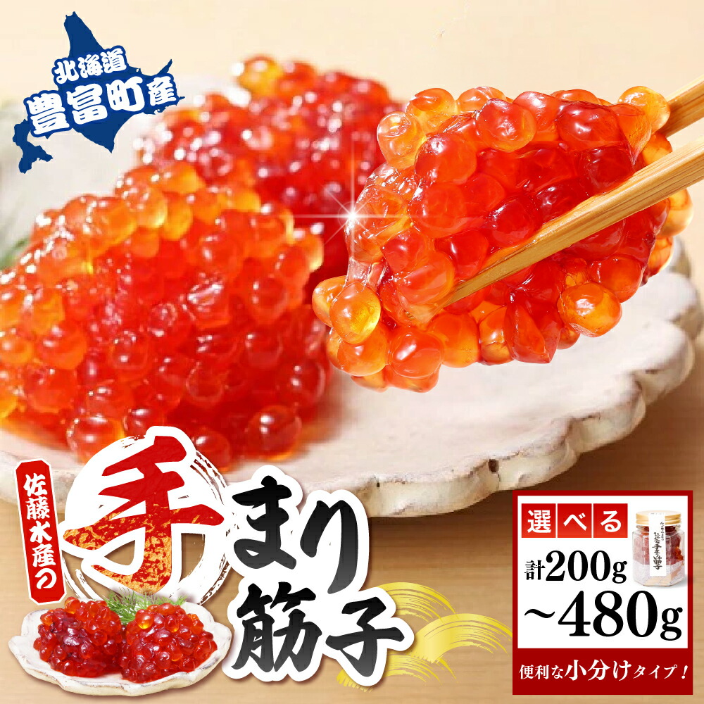 【ふるさと納税】《化粧箱入》 ひとくち 手まり筋子 ( 選べる : 瓶入り 2本 200g / 瓶入り 3本 300g / パック入り 4個 480g ) <br><br>| 筋子 すじこ 魚卵 海鮮 魚介 秋鮭 秋サケ 鮭 サケ 贈り物 ギフト 国産 北海道産 冷凍 北海道 豊富町 【KAT-305】【KAT-300】【KAT-200】