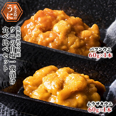 【ふるさと納税】北海道 礼文島産 ウニ 甘塩一夜漬け 食べ比べセット（蝦夷ばふんうに・むらさきうに各1本） ウニ 雲丹 魚貝類