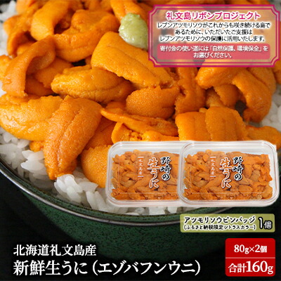 【ふるさと納税】【礼文島リボンプロジェクト】北海道 礼文島産 新鮮生うに（ エゾバフンウニ）80g×2個 ウニ 雲丹 魚貝類 海の幸 海鮮 　お届け：2025年6月上旬～8月10日まで