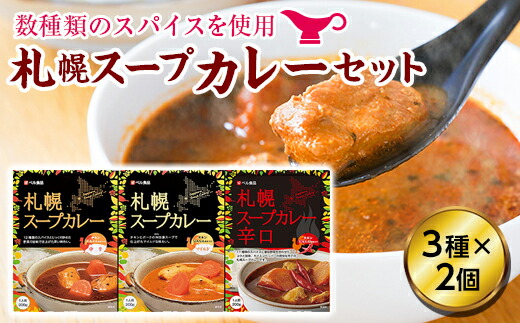 【ふるさと納税】札幌スープカレーセット（３種×各２個） 中辛・マイルド・辛口 各200g×2個 ( ふるさと納税 スープカレー カレー 中辛 マイルド 辛口 本格スパイスカレー 札幌スープカレー 北海道 遠軽町 ベル食品株式会社 ) en01-00016