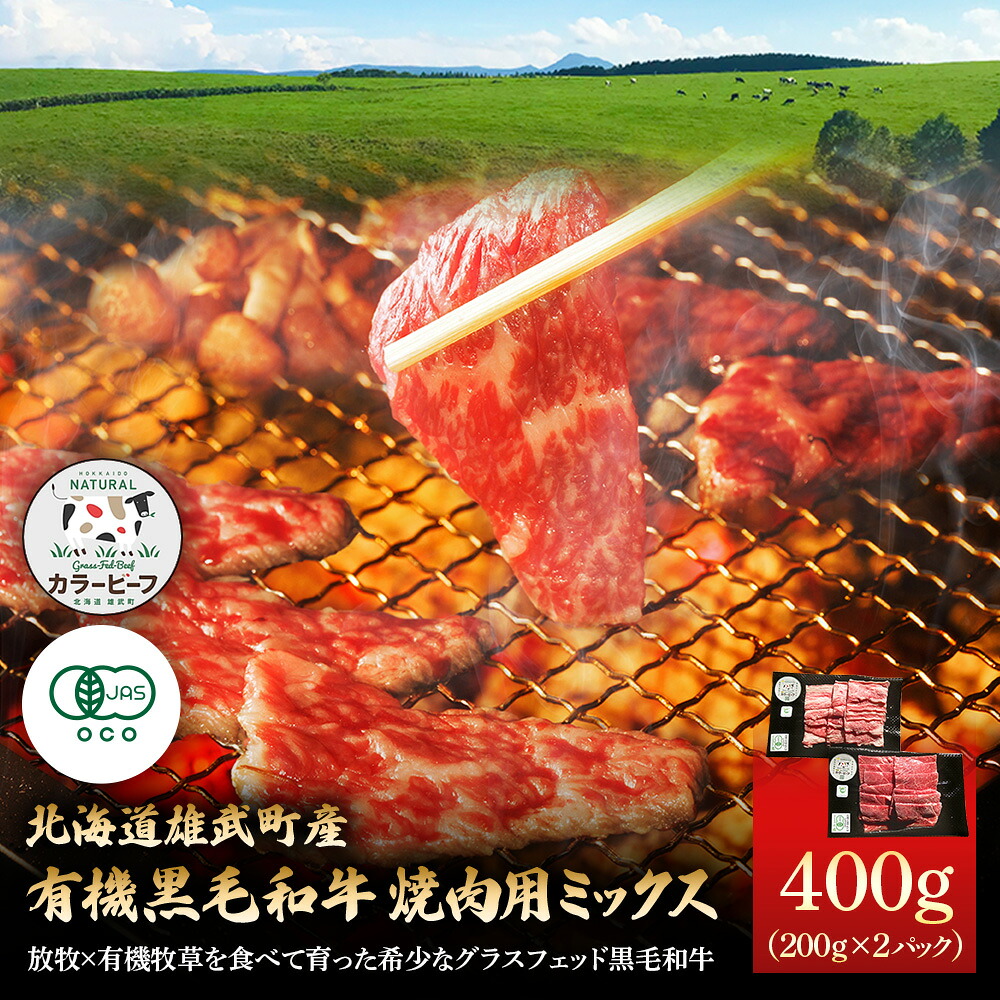 【ふるさと納税】北海道雄武町産 有機黒毛和牛 焼肉用ミックス 400g（200gｘ2P） | 牛肉 和牛 有機牛 オーガニック グラスフェッド カラービーフ バーベキュー BBQ 赤身 肉 旨み 牧草 放牧 安心 安全 脂肪控えめ あっさり お取り寄せ 北海道 雄武町 雄武【01126】