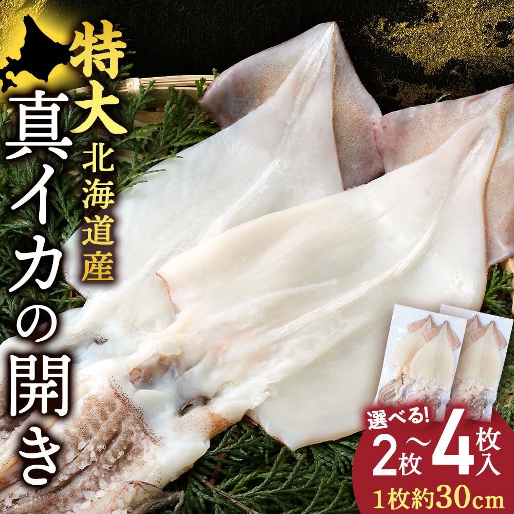 <br>【ふるさと納税】北海道産 真イカ開き(加熱用) 選べる2枚～4枚 1パック2枚入り〈斉藤水産〉AM156 AM157<br>いか 烏賊 イカ 真いか 真イカ 開き 加熱用 パック 海産物 北海道ふるさと納税 白老 ふるさと納税 北海道