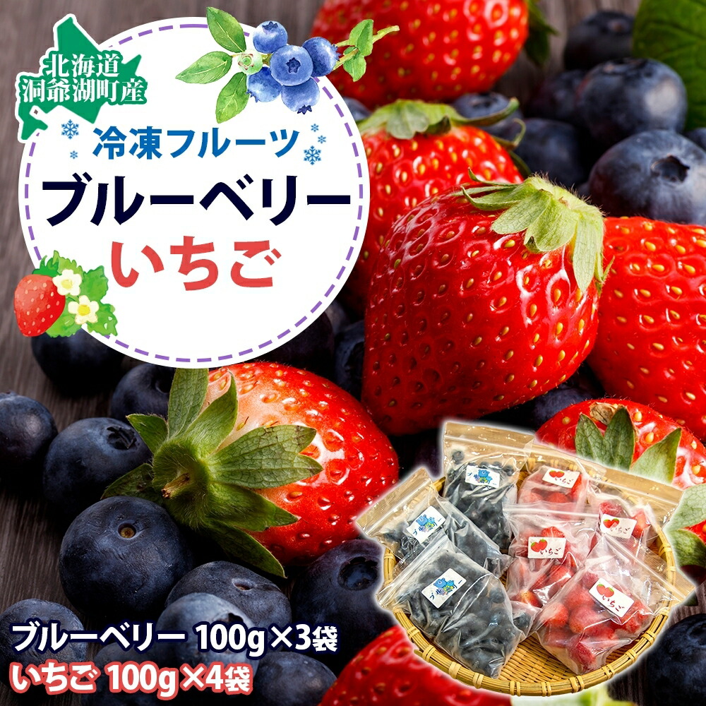 【ふるさと納税】北海道産 冷凍果物2種 ブルーベリー 100g 3袋 いちご 100g 4袋 果物 果実 くだもの 赤い妖精 苺 冷凍食品 おやつ デザート スイーツ 簡単 便利 一人暮らし 小分け 製菓 冷凍 北海道 洞爺湖町　お届け：2023年8月中旬より順次出荷