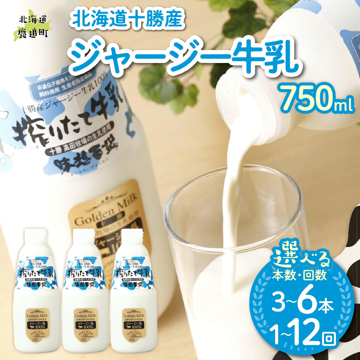 【ふるさと納税】ジャージー牛乳 750ml 選べる本数 3本 / 6本 配送回数 1回 / 3回 / 6回 / 12回【 牛乳 乳 濃厚 ミルク 生乳 生乳100% ジャージー牛 コク 乳脂成分 たんぱく質 北海道産 十勝 牧場 朝食 おやつ 料理 美味しい おいしい こだわり 】