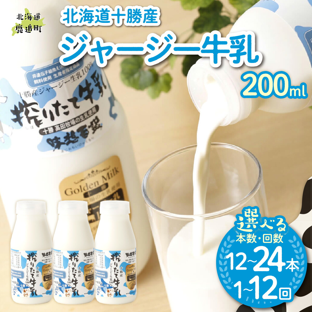 【ふるさと納税】ジャージー牛乳 200ml 選べる本数 12本 / 24本 配送回数 1回 / 3回 / 6回 / 12回【 牛乳 乳 濃厚 ミルク 生乳 生乳100% ジャージー牛 コク 乳脂成分 たんぱく質 北海道産 十勝 牧場 朝食 おやつ 料理 美味しい おいしい こだわり 】|北海道鹿追町