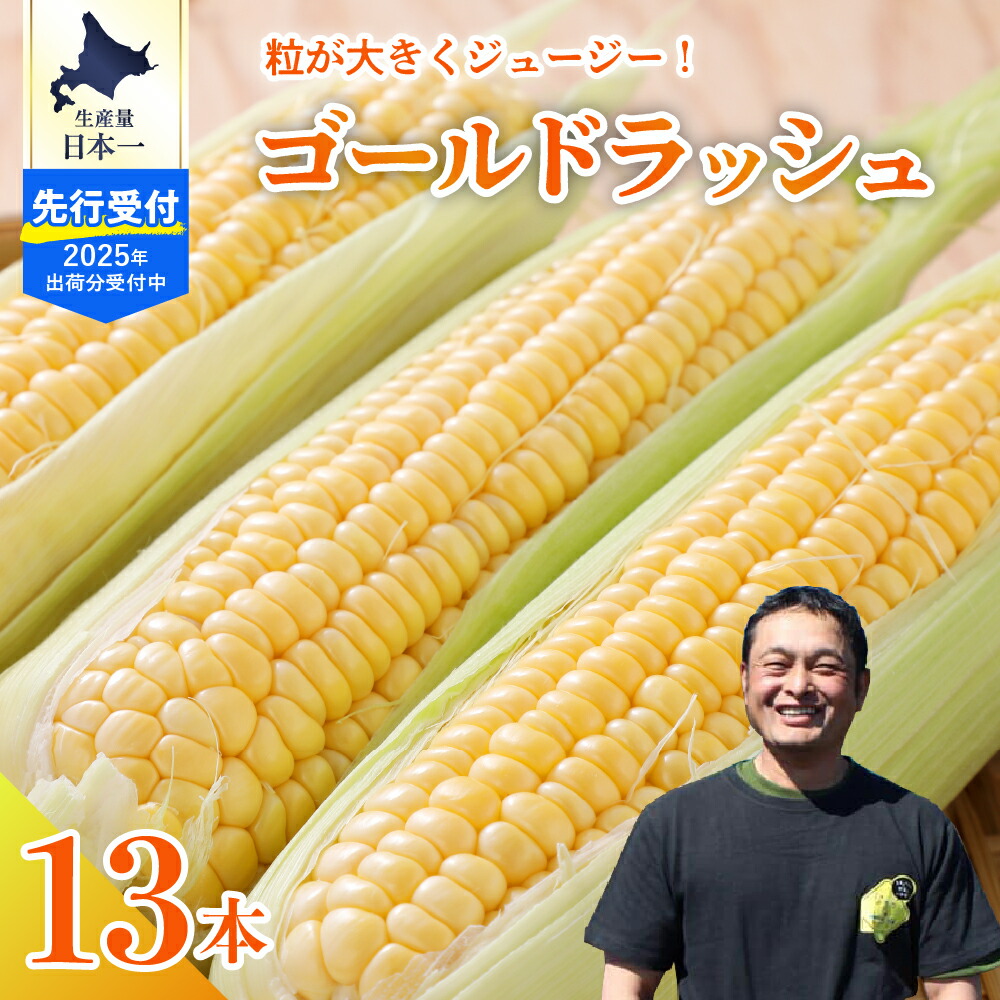 【ふるさと納税】【2025年分 先行予約】とうもろこし スイートコーン ゴールドラッシュ 13本<br><br>令和7年産 トウモロコシ 野菜 BBQ ソロキャンプ 送料無料 お取り寄せ 北海道 十勝 芽室町