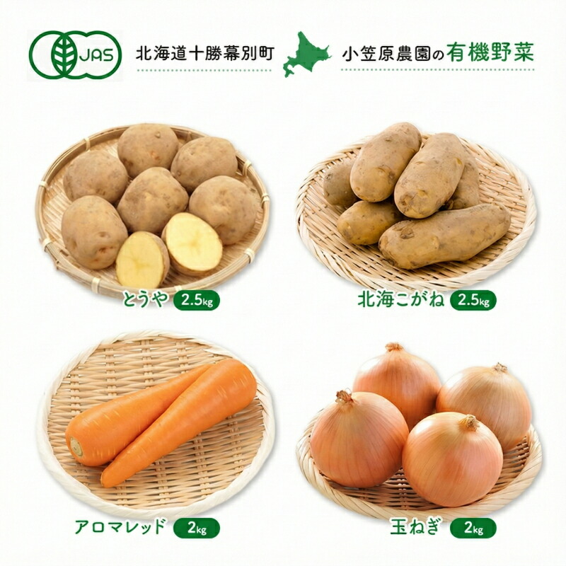 【ふるさと納税】小笠原農園の有機野菜 4種詰合せ（とうや2.5kg・北海こがね2.5kg・にんじん2kg・玉ねぎ2kg）北海道 十勝 幕別《2026年秋出荷先行予約》【 野菜 芋 じゃがいも 人参 たまねぎ セット 野菜セット 】　お届け：2026年9月下旬～11月下旬