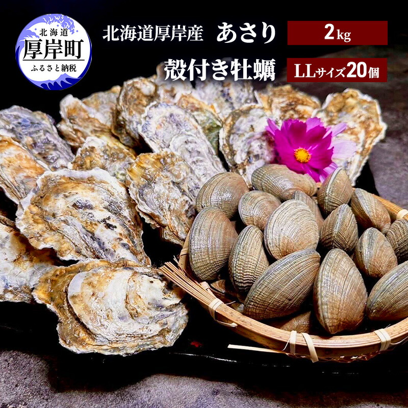 【ふるさと納税】北海道 厚岸産 あさり2kg 殻付き 牡蠣 LLサイズ 20個 魚貝類 海鮮 海の幸 ふっくら 濃厚 大粒 肉厚 産地直送 　お届け：2026年3月下旬～6月末、2026年10月～11月末