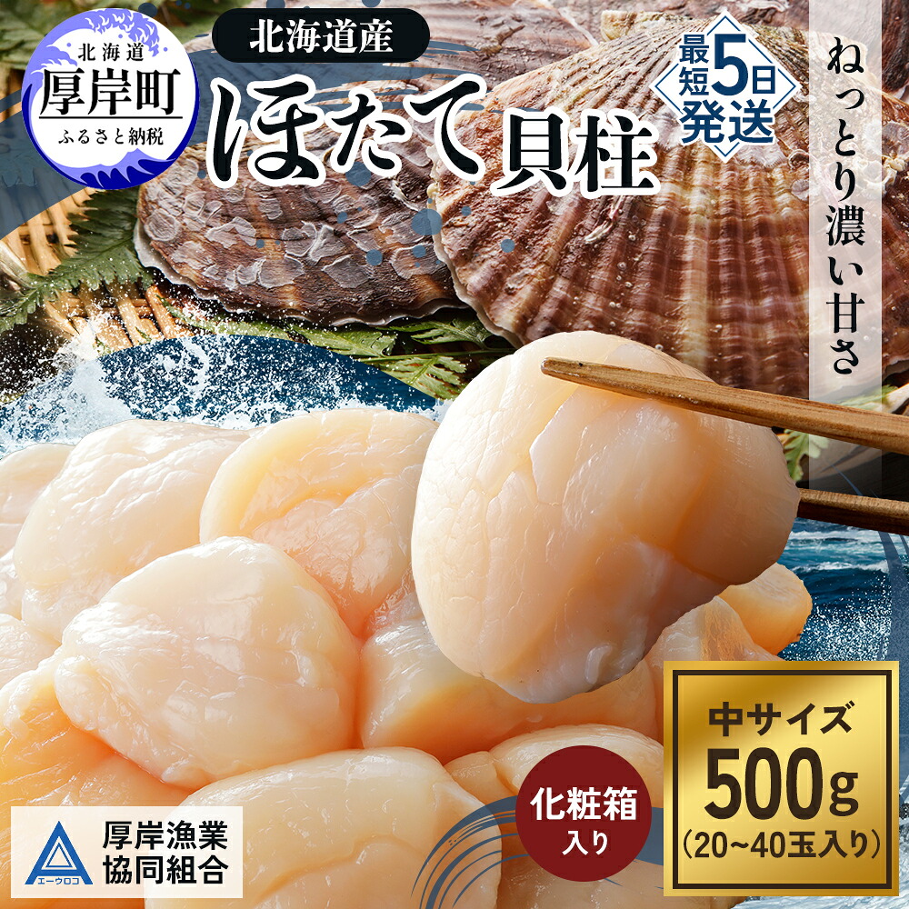 【ふるさと納税】【3D冷凍】北海道産　ほたて貝柱500g 化粧箱入り 中サイズ 20～40玉入 帆立 ホタテ 玉冷 魚貝類 肉厚 新鮮 高品質 北海道産ほたて 刺身 バター焼き フライ マリネ