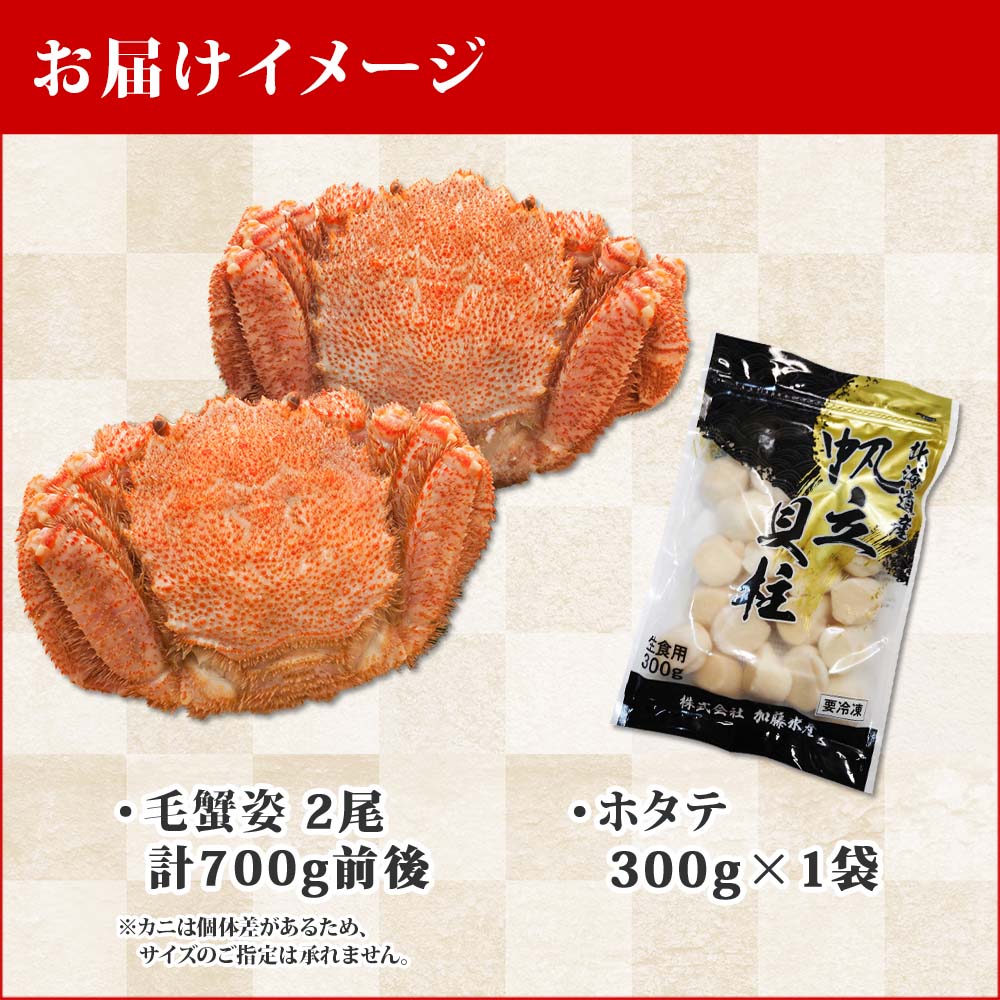 ふるさと納税 1373 ホタテ 毛ガニ 毛がに 300g 蟹 毛蟹 食べ方ガイド付き 計700g前後 2尾 専用ハサミ カニ