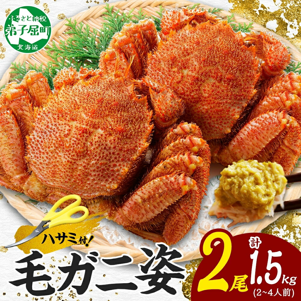 【ふるさと納税】3336. 蟹 毛蟹 2尾 計1.5kg前後 食べ方ガイド・専用ハサミ付 カニ かに 蟹 海鮮  ボイル キャンプ飯 バーベキュー BBQ 送料無料 北海道 弟子屈町