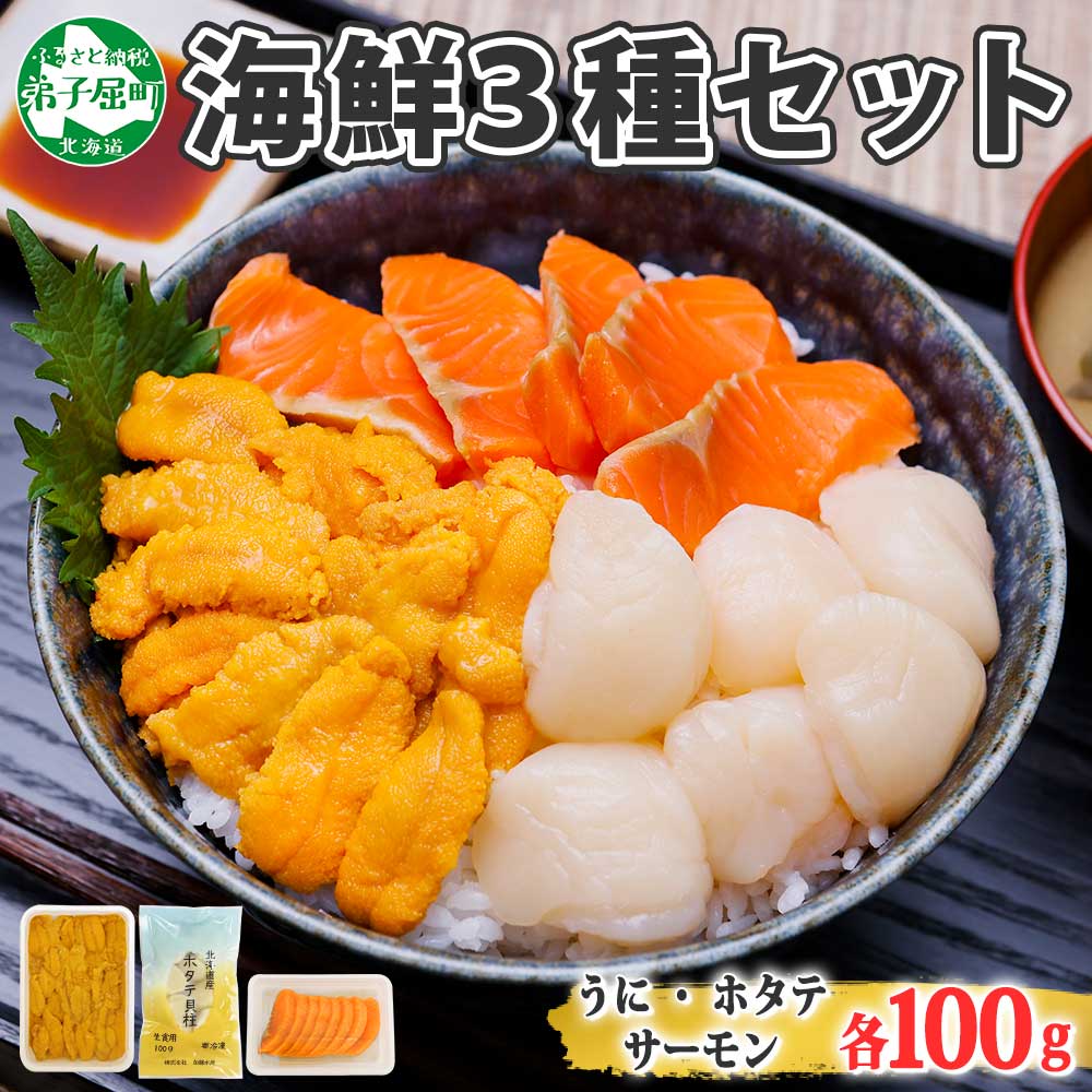 ご予約品 1417. ウニ チリ産 冷凍 ホタテ サーモン 切り身 各100g 計300g 海鮮 うに 雲丹 ほたて 帆立 貝柱 鮭 シャケ 海鮮丼  ご飯のお供 酒の肴 おつまみ 魚介 ギフト 送料無料 北海道 弟子屈 13000円 fucoa.cl