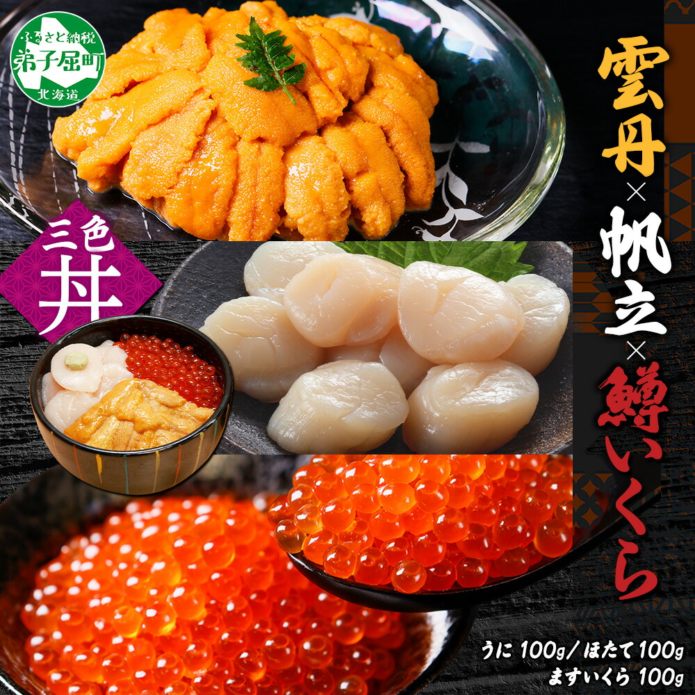 【ふるさと納税】3429. うに 100g 鱒いくら醤油漬け 100g ホタテ 100g セット ウニ チリ産 冷凍 雲丹 いくら イクラ ますいくら ほたて 帆立 海鮮 海鮮丼 三色丼 送料無料 北海道 弟子屈町