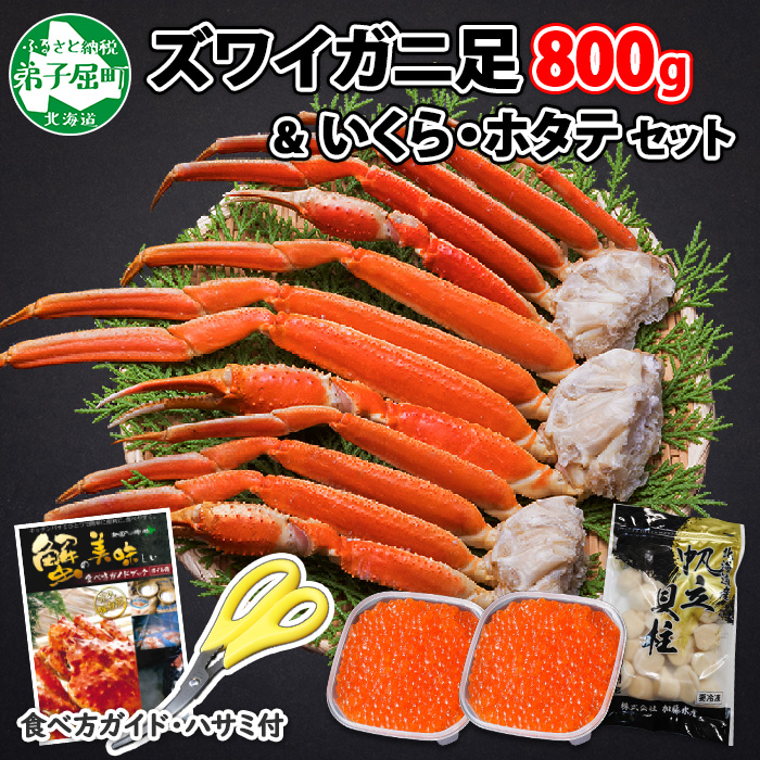 ビッグ割引 1529 カニ 本ズワイガニ足 800g いくら醤油漬け 80g ホタテ貝柱 300g かに ズワイガニ 脚 ズワイ蟹 ずわい蟹 ずわいがに イクラ ほたて 貝柱 帆立 蟹肉 食べ方ガイド 専用ハサミ付 送料無料 期間限定 数量限定 円 北海道 弟子屈町 Fucoa Cl