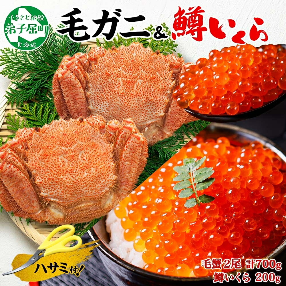 【ふるさと納税】3629. 毛蟹 2尾 計700g前後 鱒いくら醤油漬け 200g 専用ハサミ・食べ方ガイド付き 毛ガニ 毛がに 蟹 カニ 鱒いくら ますいくら 醤油漬け ボイル キャンプ飯 バーベキュー BBQ 送料無料 北海道 弟子屈町｜北海道弟子屈町