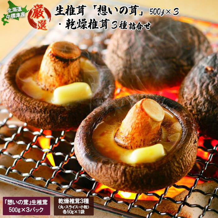 【ふるさと納税】「想いの茸」生椎茸と乾燥椎茸詰め合わせ 生椎茸500g×3P 乾燥椎茸50g×1袋×3種 しいたけ シイタケ 椎茸 生しいたけ 生シイタケ 乾燥しいたけ 乾燥シイタケ きのこ キノコ ふるさと納税 北海道 中標津町 中標津【2900102】|北海道中標津町