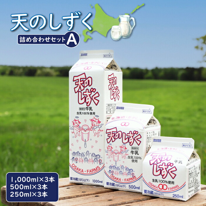 【ふるさと納税】天のしずく 詰め合わせセットＡ 1000ml&times;3本 500ml&times;3本 250ml&times;3本 牛乳 ミルク　生乳100％ お取り寄せ 贈り物 中温殺菌 OSAKA FARMS 北海道 中標津町 中標津【5100101】｜北海道中標津町