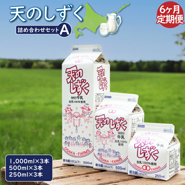 【ふるさと納税】【定期便：6回】 天のしずく 詰め合わせセットＡ 1000ml&times;3本 500ml&times;3本 250ml&times;3本 牛乳 ミルク　生乳100％ お取り寄せ 贈り物 中温殺菌 OSAKA FARMS 北海道 中標津町 中標津【5100301】｜北海道中標津町