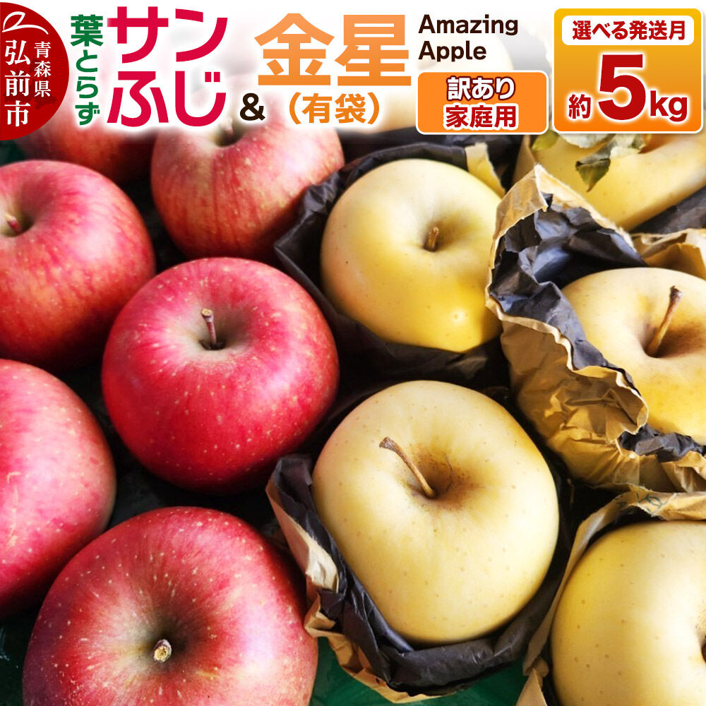 【ふるさと納税】りんご 葉取らずサンふじ＆金星（有袋）【訳あり】家庭用 約5kg 紅白セット【選べる発送月】 [りんご サンふじ 葉とらず ふじ 金星 有袋 訳あり 家庭用 選べる 5kg 詰め合わせ セット アップル おいしい 果実 果物 赤色 黄色]