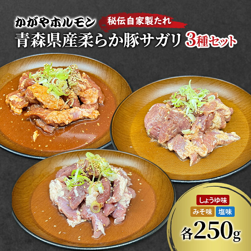 【ふるさと納税】 かがやホルモン 秘伝自家製たれ 当店自慢 青森県産 柔らか 豚 サガリ 3種 セット みそ味 しょうゆ味 塩味 肉 豚肉 味付け肉 真空パック|青森県鶴田町