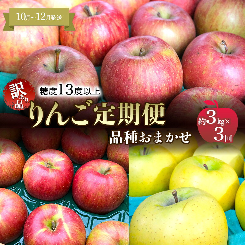 【ふるさと納税】【10月～12月発送 りんご定期便】糖度13度以上家庭用訳あり りんご 約3kg &times; 3回 家庭用訳ありコース【青森りんご】 リンゴ 林檎 訳あり 家庭用 果物 フルーツ 青森県 鶴田町　お届け：2026年10月～12月｜青森県鶴田町