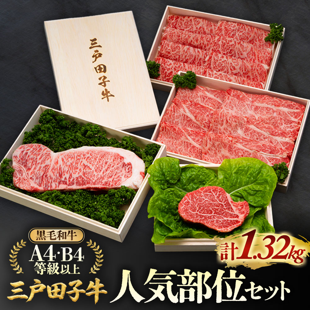 【ふるさと納税】「三戸田子牛」人気部位セット 合計1.32kg霜降り 牛 【リブロース470g・サーロイン200g・ヒレ150g・肩ロース500g】化粧箱入り黒毛和牛A4・B4等級以上 国産牛 肉 霜降り 牛 青森県 牛肉 希少 送料無料｜青森県三戸町