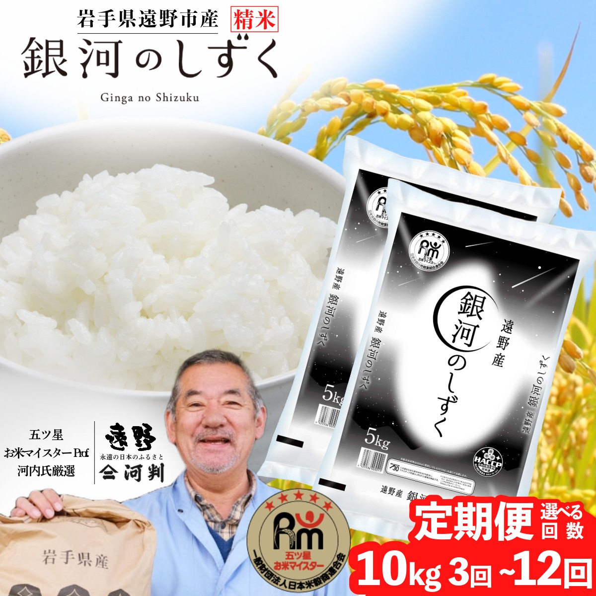 【ふるさと納税】令和7年産 定期便 銀河のしずく10kg 選べる 回数 3回 6回 12回 遠野産五つ星 お米マイスター Prof. 厳選 ブランド米 コメマルシェ 河判 米 お米 おこめ 白米 精米 ふっくら ツヤツヤ 東北 岩手県 遠野市 国産 一等米 送料無料 3 ～ 12ヶ月 2025年産 人気