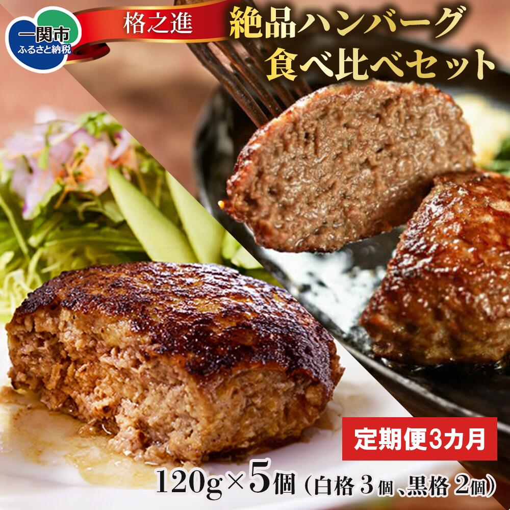 【ふるさと納税】【 定期便 3ヶ月 】 格之進 絶品 ハンバーグ 食べ比べ セット （ 白格3個 黒格2個 合計5個 ）【 プレミアム 無添加 高級 国産 牛肉 豚肉 白金豚 肉 肉汁 冷凍 お弁当 惣菜 おかず 個包装 小分け 簡単 贈り物 ギフト お取り寄せ 人気 おすすめ 岩手 一関 】