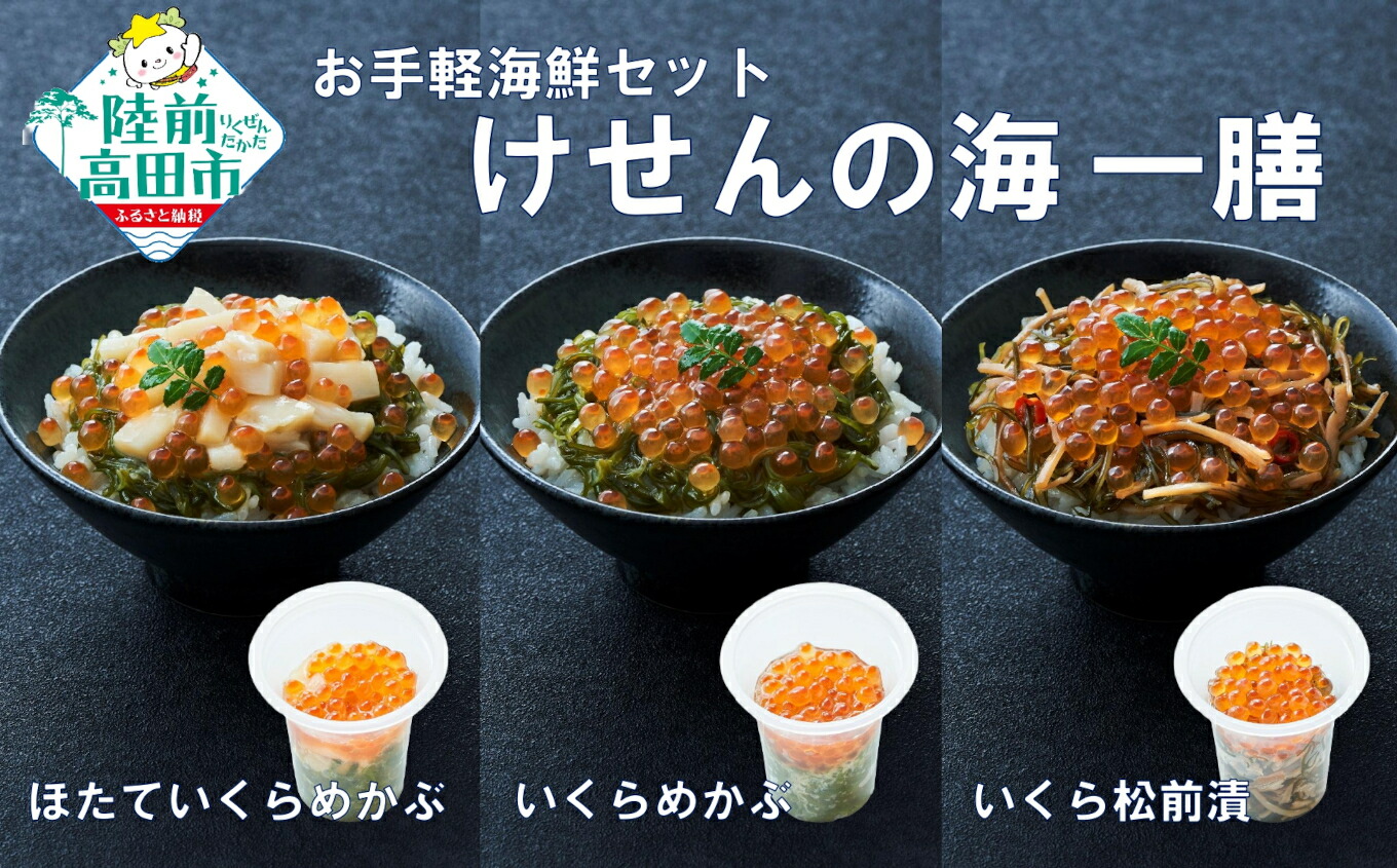 【ふるさと納税】手軽に海鮮丼！ 3種セット けせんの海 一膳 ほたていくらめかぶ いくら松前漬け いくらめかぶ [ 海鮮 海の幸 魚介類 海産物 ご飯のお供 小分け ミニ 個包装 パック 冷凍 イクラ 松前漬け お手軽 簡単 人気 おすすめ おかず おつまみ 国産 岩手 陸前高田 ]｜岩手県陸前高田市