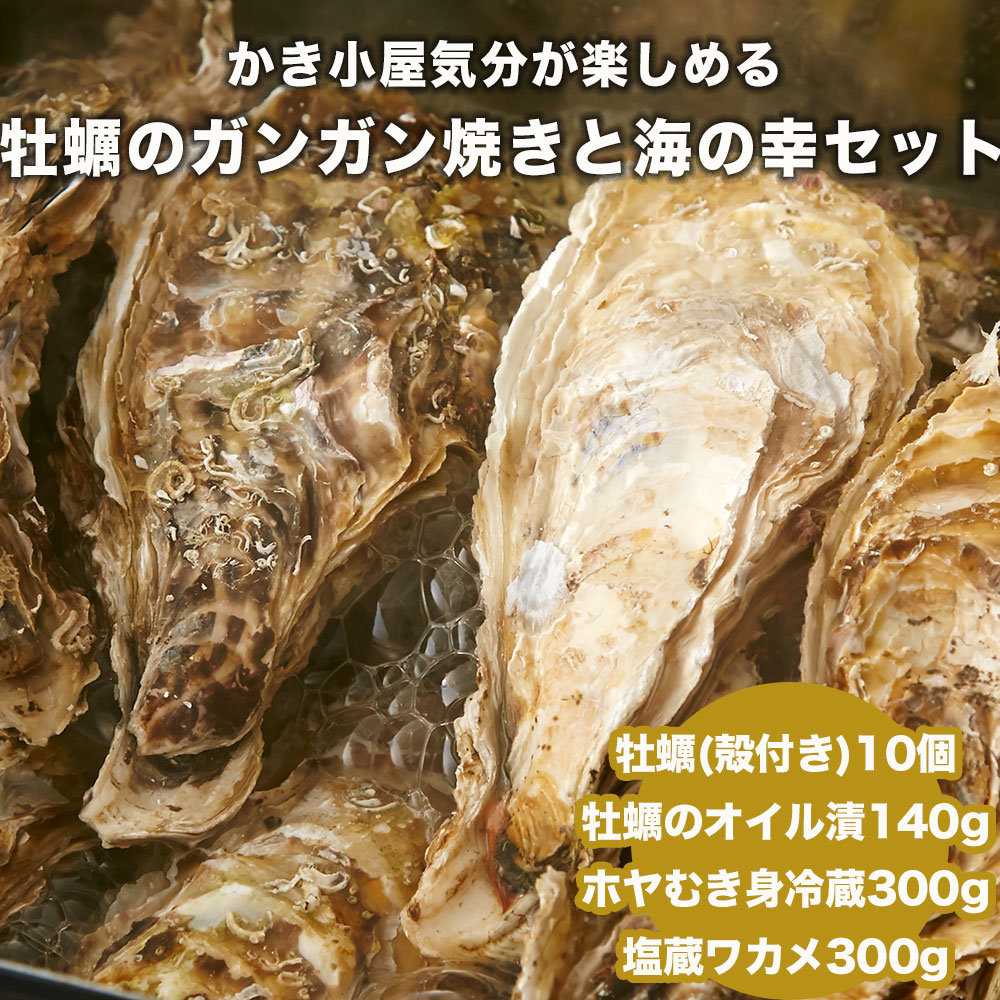 はこぽす対応商品 牡蠣 ガンガン焼き海の幸 セット 22年11月後半 23年4月後半発送 牡蠣 殻付き 10個 牡蠣オイル漬 ホヤ むき身 わかめ 海鮮 貝類 魚介 新鮮 かき小屋 広田湾 Fucoa Cl