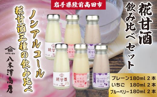 【ふるさと納税】ノンアルコール 糀 甘酒 飲み比べ 〈 プレーン / いちご / ブルーベリー 〉 各2本 【 米麹 米こうじ 麹 米麹甘酒 麹甘酒 あまざけ あま酒 健康 美容 セット 小分け お中元 お歳暮 ギフト プレゼント 贈り物 贈答品 国産 岩手県 陸前高田市 八木澤商店 】|岩手県陸前高田市
